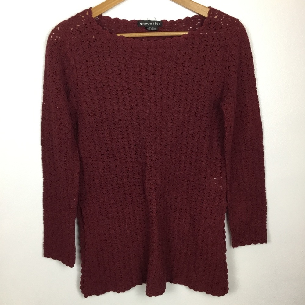Theo Miles Missy Silk Linen Blend Open Knit Burgundy Tunic Sweater M